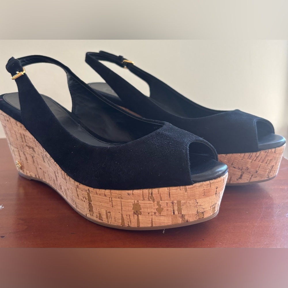 Tory Burch Rosalind Suede Slingback Cork Wedges 8M Blue